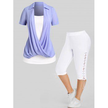 

Crossover Draped Tee Basic Camisole Tops Set And Lace Up Skinny Leggings Plus Size Outfit, Multicolor