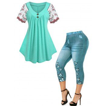 

Plus Size Button Embroidered Lace Sleeve T Shirt And Butterfly 3D Print Capri Jeggings Casual Outfit, Green