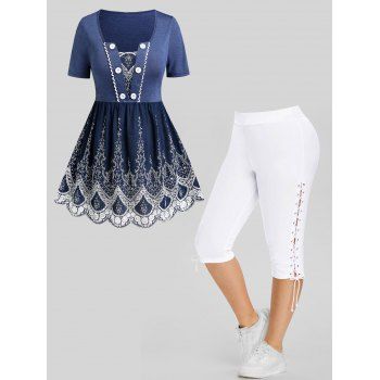

Floral Hollow Out Embroidery High Waist Skirted Tee And Lace Up Eyelet Skinny Cropped Leggings Plus Size Outfit, Multicolor