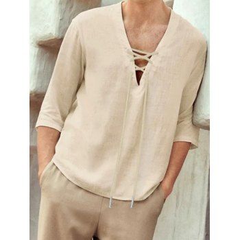 

Lace Up Shirt Solid Color Shirt Three Quarter Sleeves Curved Hem Casual Shirt, Khaki