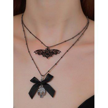 

Halloween Gothic Bat Bowknot Skull Layered Adjustable Necklace, Black
