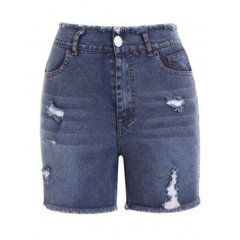 

Frayed Denim Shorts Ripped Jeans Zipper Fly High Waisted Pockets Casual Denim Shorts, Light blue