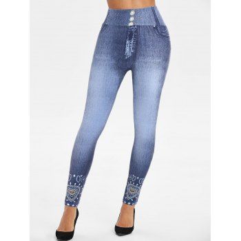 

Skinny Jeggings Faux Denim Tirbal 3D Print Elastic High Waisted Casual Leggings, Deep blue