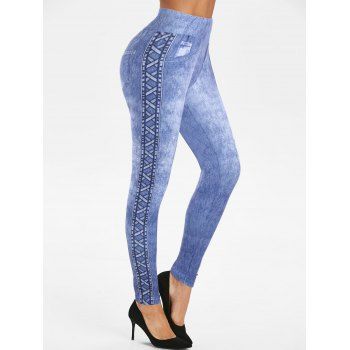 

3D Faux Denim Print Jeggings Elastic High Waisted Jeggings Skinny Long Leggings, Blue