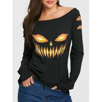 

Halloween Pumpkin Print T Shirt Skew Neck Cut Out Long Sleeve Gothic Tee, Black