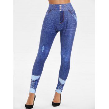 

Skinny Jeggings Faux Denim 3D Print Elastic High Waisted Long Casual Leggings, Deep blue