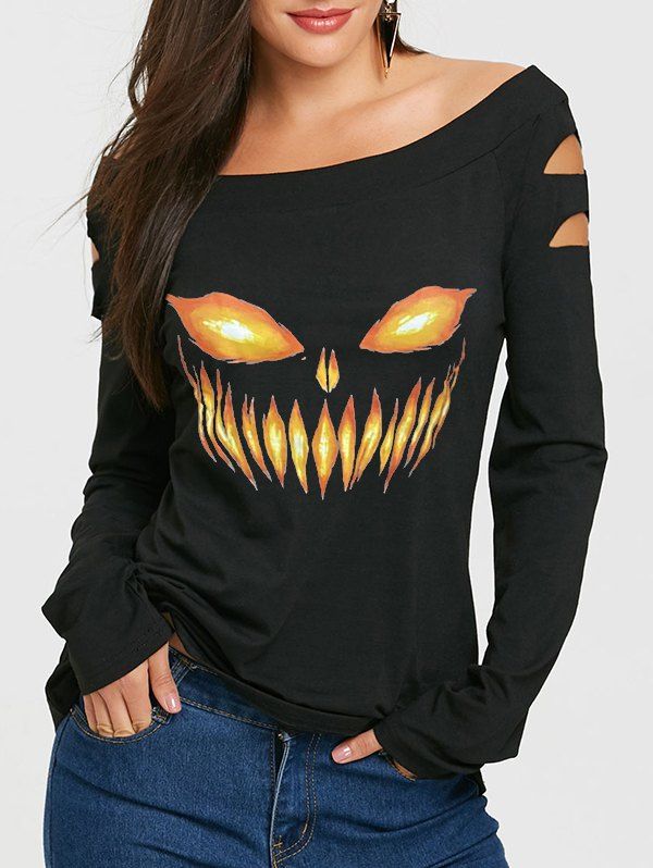 T-shirt D'Halloween Gothique Découpé Motif Imprimé Manches Longues à Col Oblique - Noir XXL