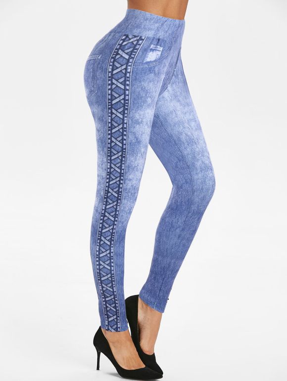 Legging Moulant à Imprimé 3D Jean à Taille Haute Elastique - Bleu XXXL