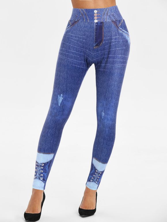 Legging Décontracté Long Moulant à Imprimé 3D Jean à Taille Haute Elastique - Bleu profond XXXL