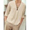 Lace Up Shirt Solid Color Shirt Three Quarter Sleeves Curved Hem Casual Shirt - WHITE 2XL