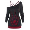 Gothic Top Crisscross Cami Top And Cut Out Hand-shaped Skew Neck Long Sleeve T Shirt Two Piece Top - BLACK XXXL