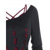 Gothic Top Crisscross Cami Top And Cut Out Hand-shaped Skew Neck Long Sleeve T Shirt Two Piece Top - BLACK XXXL