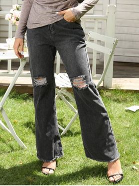Ripped Jeans Flare Jeans Zipper Fly Pockets Frayed Hem Overlength Casual Denim Pants 