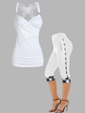 Crossover Ruched Butterfly Lace O Ring Tank Top And Plaid Panel High Waist Skinny Cropped Leggings Outfit