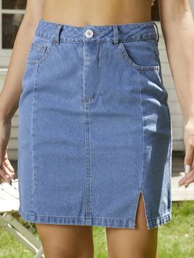 Slit Denim Skirt Zipper Fly A Line Skirt Solid Color Pockets Summer Mini Skirt