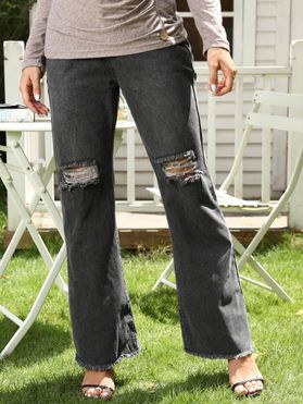 Ripped Jeans Flare Jeans Zipper Fly Pockets Frayed Hem Overlength Casual Denim Pants