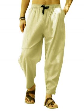 Plain Color Drawstring Elastic Waist Multi Pockets Casual Pants