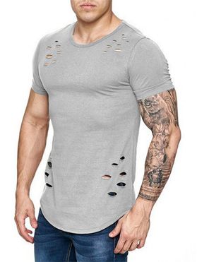 Distressed T Shirt Solid Color T Shirt Curved Hem Short Sleeve Casual Tee
