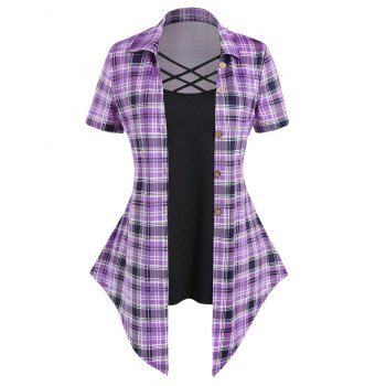 

Plus Size Faux Twinset T Shirt Plaid Print Crisscross Mock Button Colorblock T Shirt, Light purple