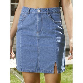 

Slit Denim Skirt Zipper Fly A Line Skirt Solid Color Pockets Summer Mini Skirt, Light blue