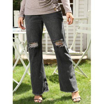 

Ripped Jeans Flare Jeans Zipper Fly Pockets Frayed Hem Overlength Casual Denim Pants, Black