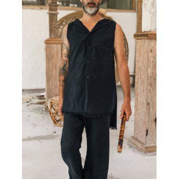 

High Low Hooded Tank Top Side Slit Frayed Hem Casual Tank Top, Black