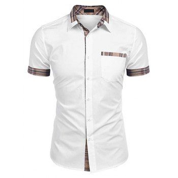 

Plaid Print Insert Shirt Front Pocket Turn Down Collar Short Sleeve Casual Shirt, White