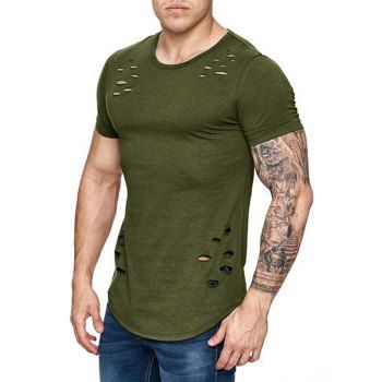 

Distressed T Shirt Solid Color T Shirt Curved Hem Short Sleeve Casual Tee, Deep green
