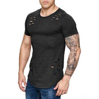 

Distressed T Shirt Solid Color T Shirt Curved Hem Short Sleeve Casual Tee, Black