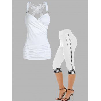 

Crossover Ruched Butterfly Lace O Ring Tank Top And Plaid Panel High Waist Skinny Cropped Leggings Outfit, White