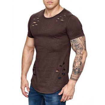 

Distressed T Shirt Solid Color T Shirt Curved Hem Short Sleeve Casual Tee, Deep coffee