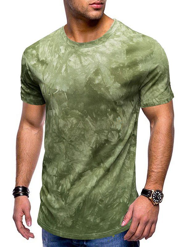Tie Dye T Shirt Curved Hem T Shirt Round Neck Short Sleeve Casual Tee - LIGHT GREEN 3XL