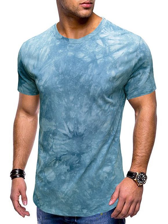 T-shirt Décontracté Teinté Manches Courtes à Col Rond - Bleu clair XL