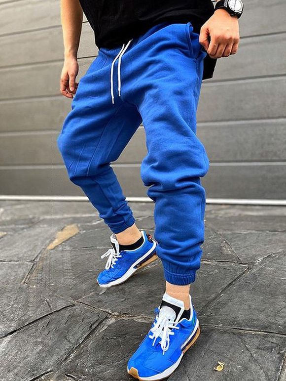 Pantalon de Jogging Décontracté à Pieds Etroits en Couleur Unie avec Poches - Bleu 3XL