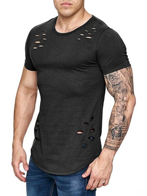 T-shirt Décontracté Déchiré en Couleur Unie Manches Courtes à Ourlet Courbe - Noir 3XL