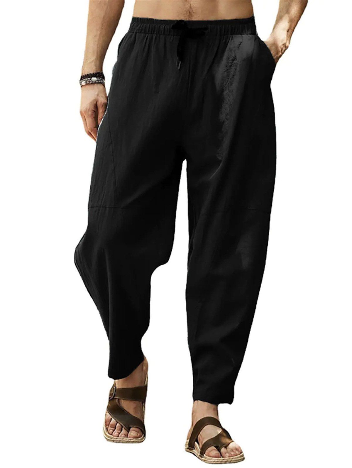 Pantalon Décontracté à Taille Elastique avec Multi-Poches - Noir 4XL