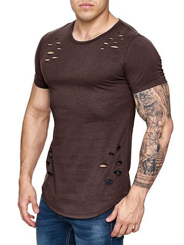 Distressed T Shirt Solid Color T Shirt Curved Hem Short Sleeve Casual Tee - DEEP COFFEE 3XL