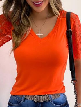 Bright Color T Shirt Flower Lace Panel T Shirt V Neck Summer Casual Tee
