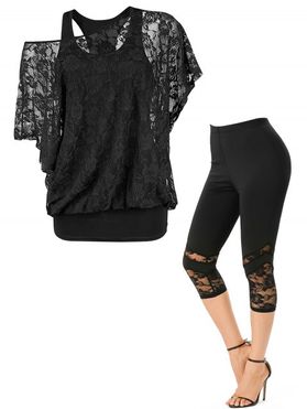 Sheer Rose Flower Lace Bat Sleeve Skew Neck T Shirt Basic Cami Top Set And Lace Insert Cropped Leggings Gothic Outfit
