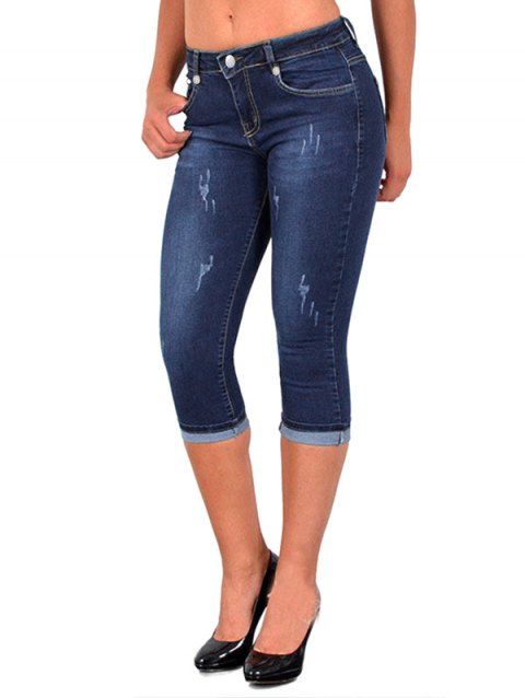 Dark Wash Capri Jeans Zipper Fly Contrast Stitching Casual Cropped Denim Pants