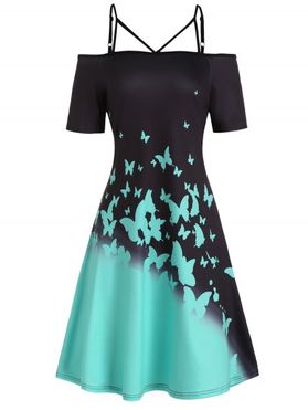 Ombre Dress Butterfly Print A Line Dress Cold Shoulder Cut Out Casual Mini Dress
