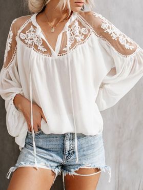 Embroidery Flower Blouse Sheer Lace Solid Color Long Sleeve Casual Shirt