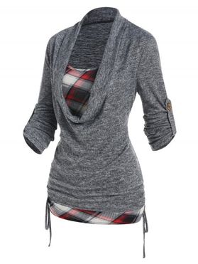 Plaid Print Knit Faux Twinset T Shirt Space Dye Cinched Cowl Collar Knitted T-shirt Rolled Up Sleeve Casual 2-In-1 Tee