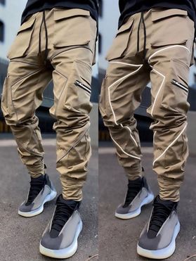 Luminescent Piping Cargo Pants Zipper Multi Pockets Drawstring Elastic Waist Casual Pants