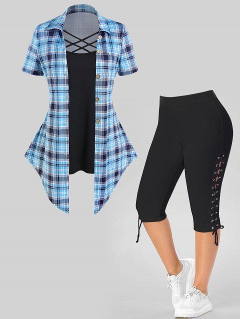 Plus Size Plaid Print Colorblock Crisscross Asymmetric Faux Twinset T-shirt And Lace Up Skinny Cropped Leggings Outfit
