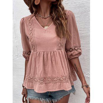 

Solid Color T Shirt Embroidery Geometric Print Lace Half Sleeve V Neck Casual Tee, Light pink