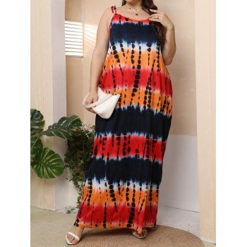 

Plus Size Dress Tie Dye Dress Printed Tied Shoulder Trapeze Casual Maxi Dress, Multicolor