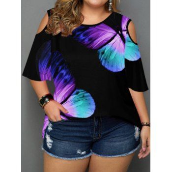 

Plus Size T Shirt Butterfly Print Casual T Shirt Cold Shoulder Short Sleeve Curve Tee, Black