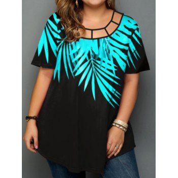 

Plus Size T Shirt Contrast Bamboo Leaf Print Raglan Sleeve T-shirt Curved Hem Casual Tee, Black