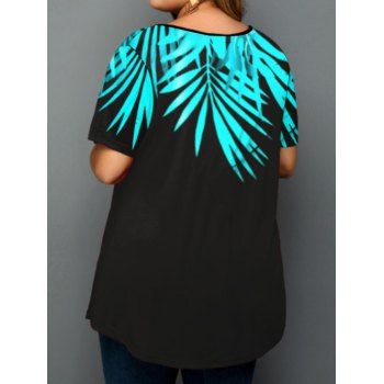 Plus Size T Shirt Contrast Bamboo Leaf Print Raglan Sleeve T-shirt Curved Hem Casual Tee
